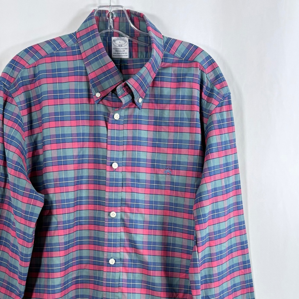Brooks Brothers Shirt Multi Color Plaid Non-Iron Stretch Regular Fit Mens L